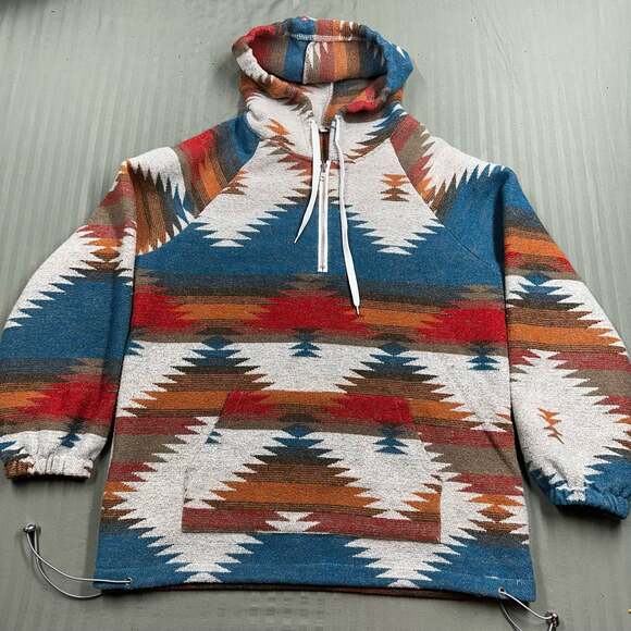 Women's Southwestern Aztec Print Quarter-Zip Hoodie with Front Pocket - Picture 2 of 11